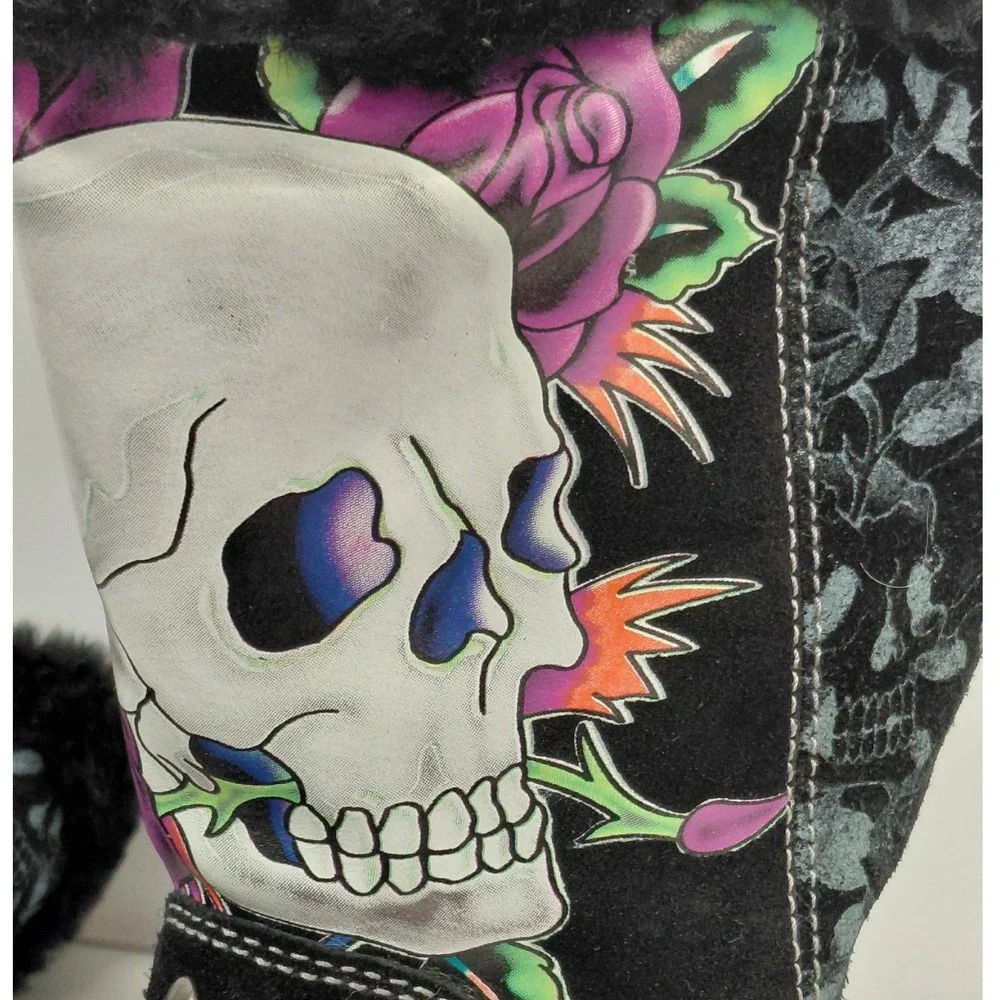Vintage 2009 Ed Hardy Skull Rose Boots Womens 6 Suede Faux Fur Studded Y2K